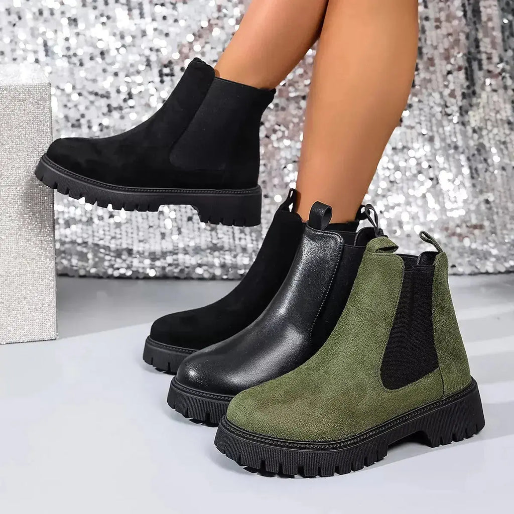 Women's modern ankle boots with elastic side panels by Plush Fashion Hub, slip-on style, chic and comfortable footwear.