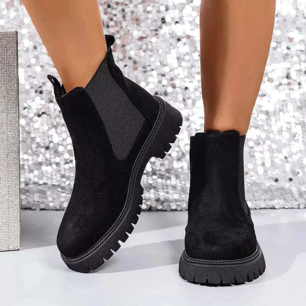 Women's modern elastic side panel ankle boots by Plush Fashion Hub featuring slip-on design and comfortable fit.