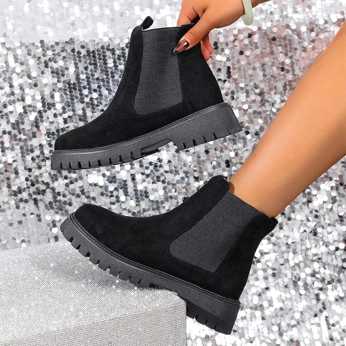 Women's modern ankle boots with elastic side panels by Plush Fashion Hub, featuring slip-on design and comfortable fit.