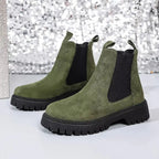 Women's modern ankle boots with elastic side panels and slip-on design from Plush Fashion Hub, featuring a chic, comfortable style.
