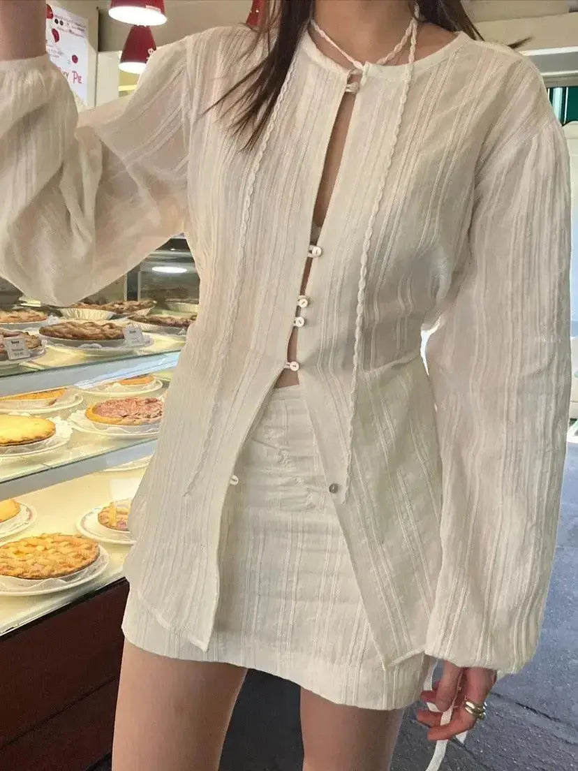 Elegant lace waist long-sleeved shirt and bandage skirt set by Plush Fashion Hub, perfect for stylish formal or evening wear.