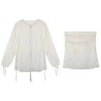 Elegant lace waist bandage long-sleeved shirt and skirt set from Plush Fashion Hub, showcasing a stylish and sophisticated look.