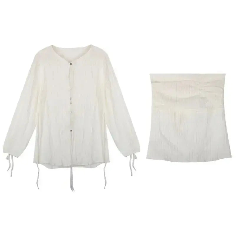 Elegant lace waist bandage long-sleeved shirt and skirt set from Plush Fashion Hub, showcasing a stylish and sophisticated look.