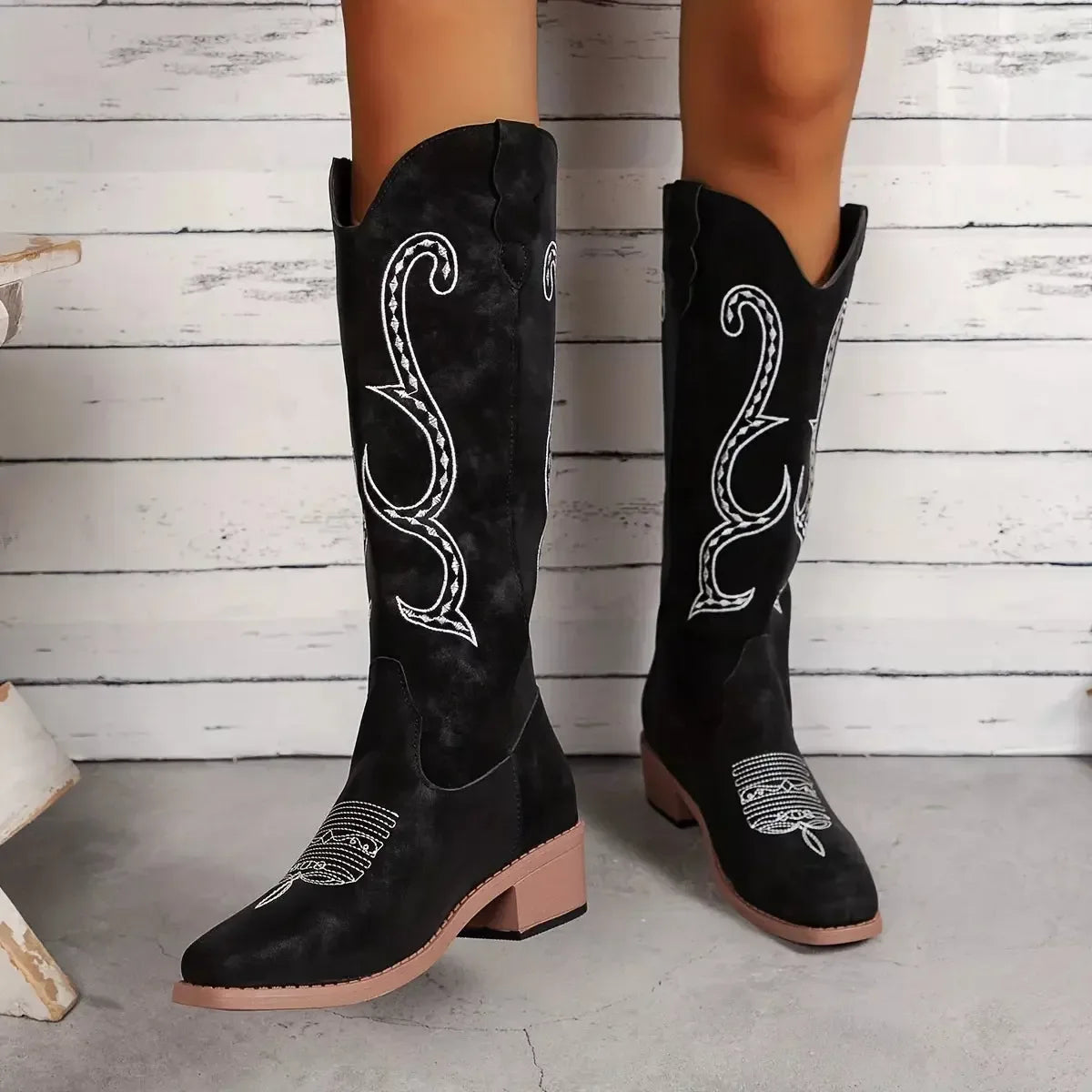 Embroidered Round Toe Block Heels Boots - Plush Fashion Hub