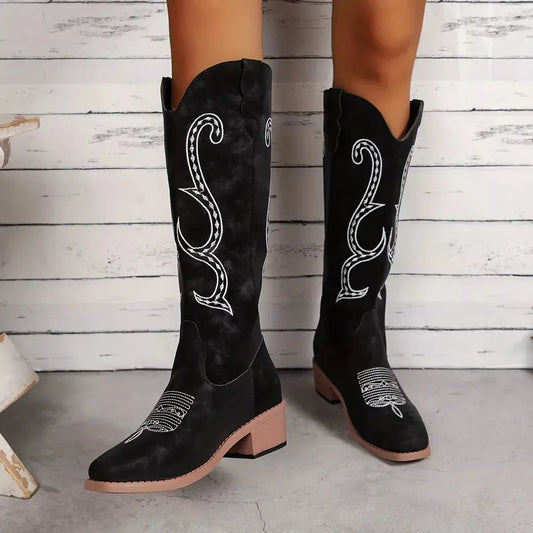 Embroidered Round Toe Block Heels Boots - Plush Fashion Hub