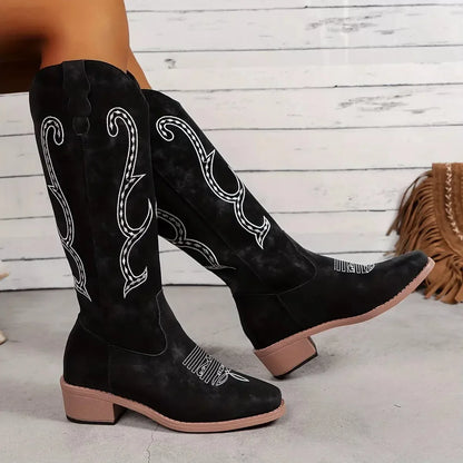 Embroidered Round Toe Block Heels Boots - Plush Fashion Hub