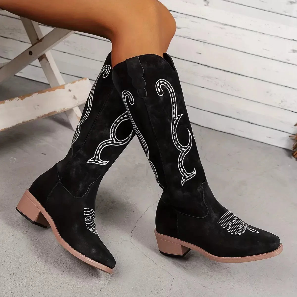 Embroidered Round Toe Block Heels Boots - Plush Fashion Hub