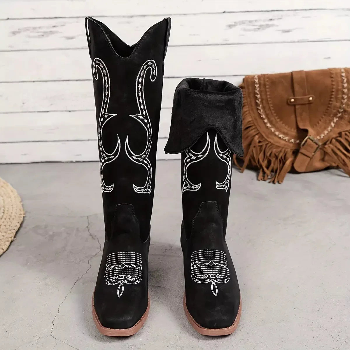 Embroidered Round Toe Block Heels Boots - Plush Fashion Hub