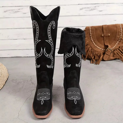 Embroidered Round Toe Block Heels Boots - Plush Fashion Hub