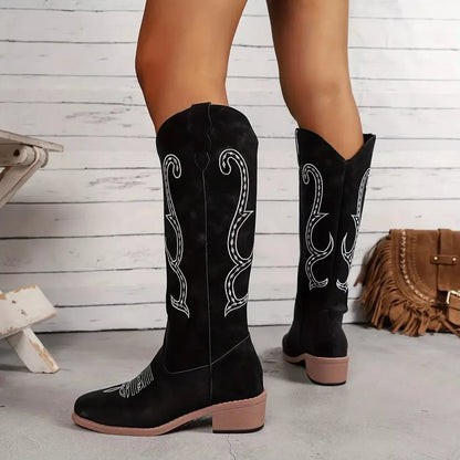 Embroidered Round Toe Block Heels Boots - Plush Fashion Hub