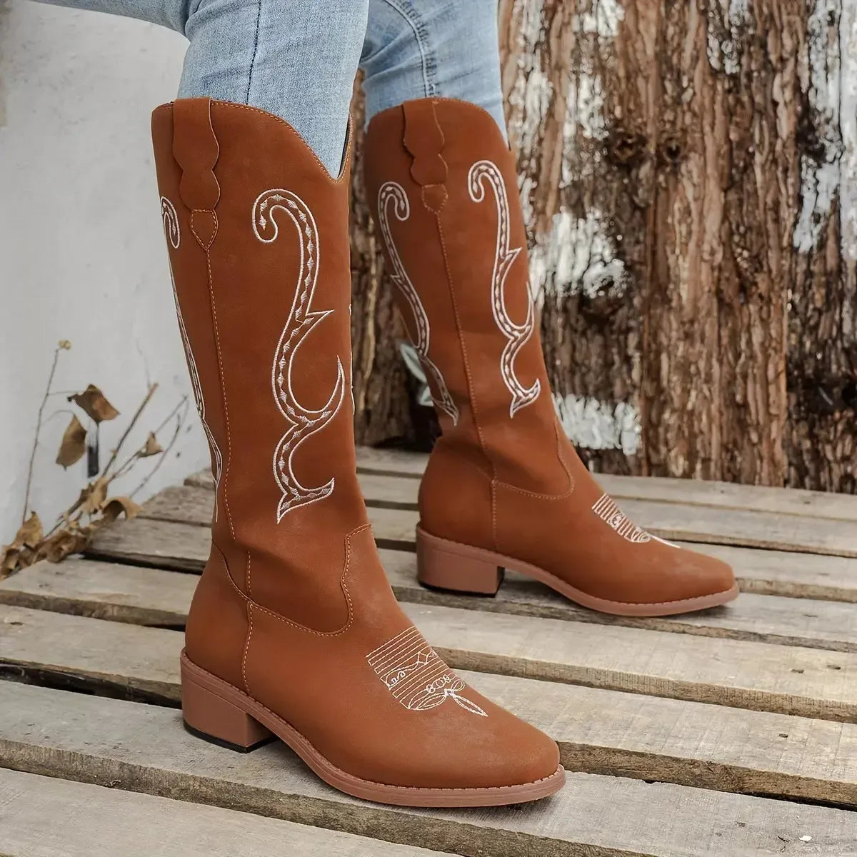 Embroidered Round Toe Block Heels Boots - Plush Fashion Hub