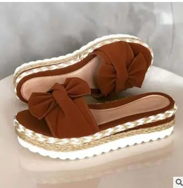 Women’s bow sandals with platform wedge heel, stylish ladies summer footwear from Trendy Attic Store01.