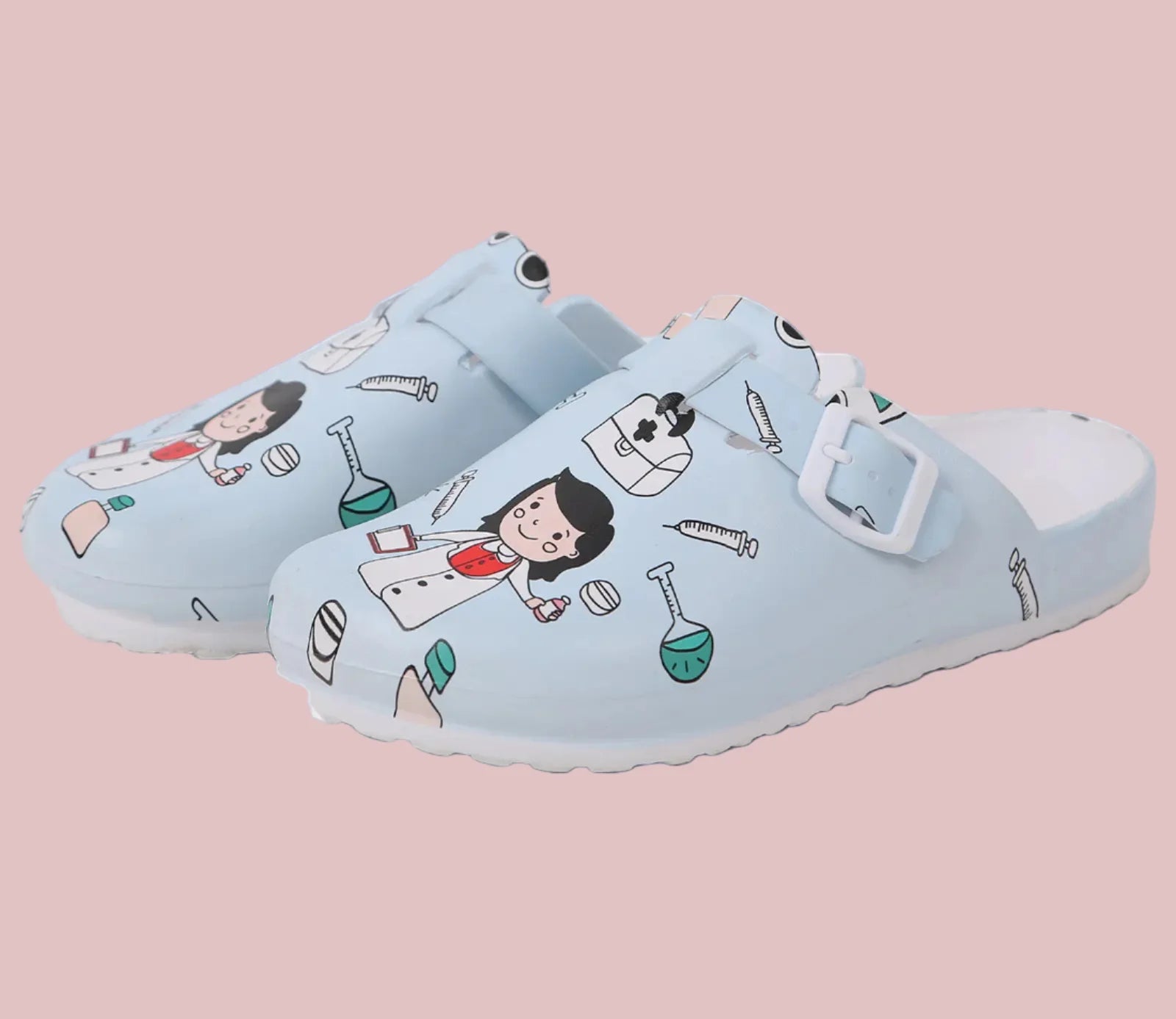 Cartoon nurse-themed women's sandals with colorful, playful design from Trendy Attic Store01, featuring cushioned straps and open toes.