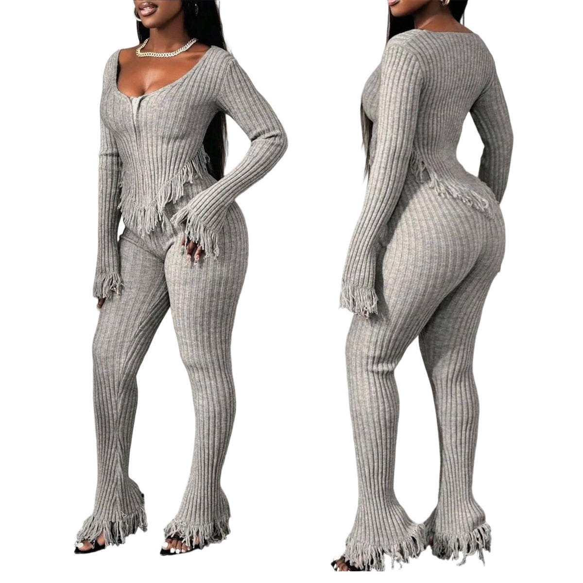 Sexy knit crochet tassel casual clothing set by eprolo, featuring a stylish top and matching bottoms with tassel details.
