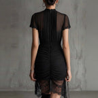 Black lace patchwork slit midi dress by FitiqueFit featuring slim-fit high-waist design and see-through fabric for women.