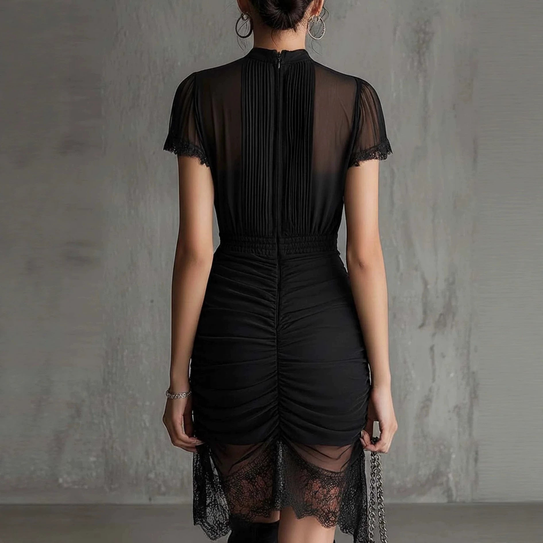Black lace patchwork slit midi dress by FitiqueFit featuring slim-fit high-waist design and see-through fabric for women.