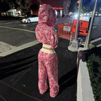 Style Pink Camouflage Print Casual Set High Street Hip-Hop Zipper Jacket with Tie Waist Pants