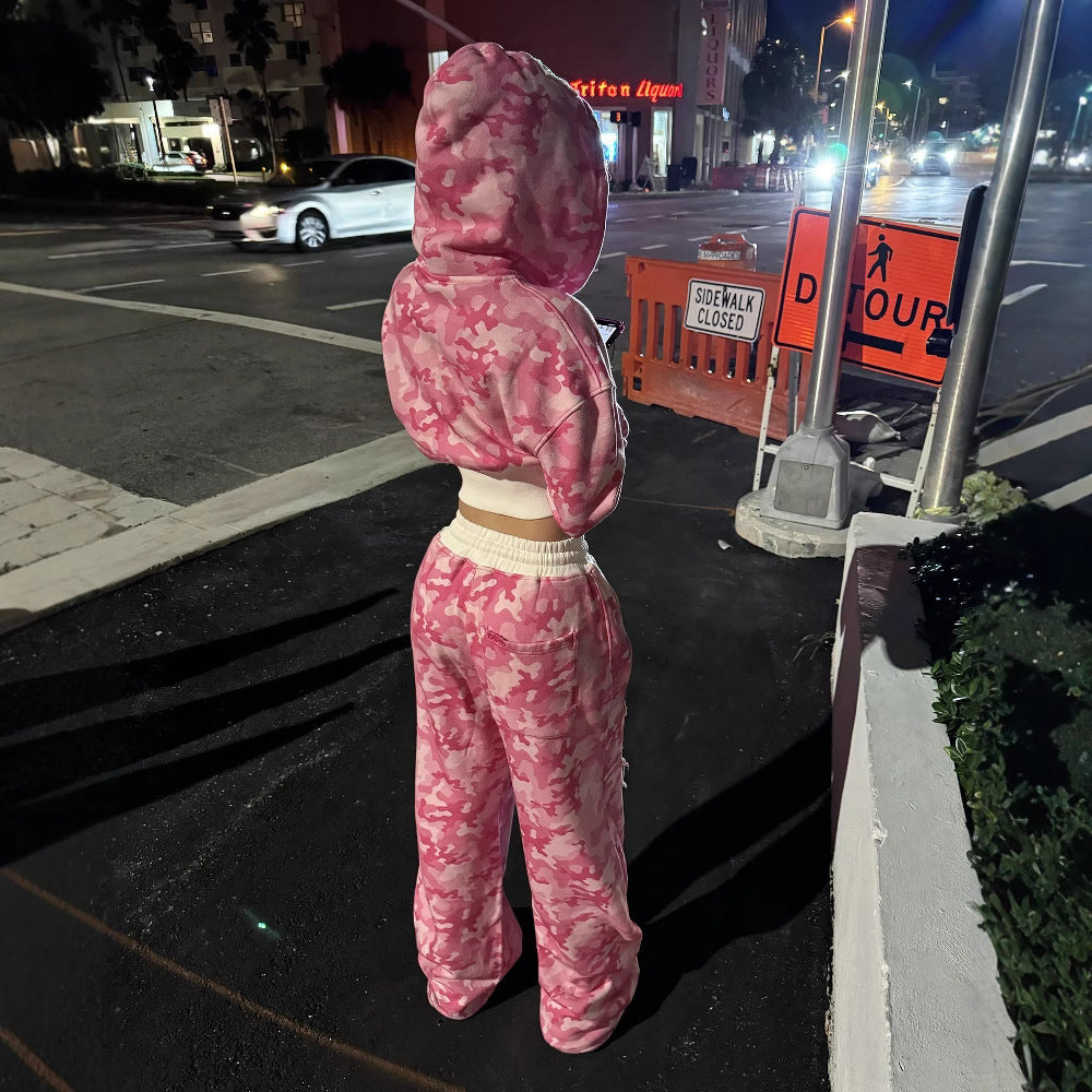Style Pink Camouflage Print Casual Set High Street Hip-Hop Zipper Jacket with Tie Waist Pants