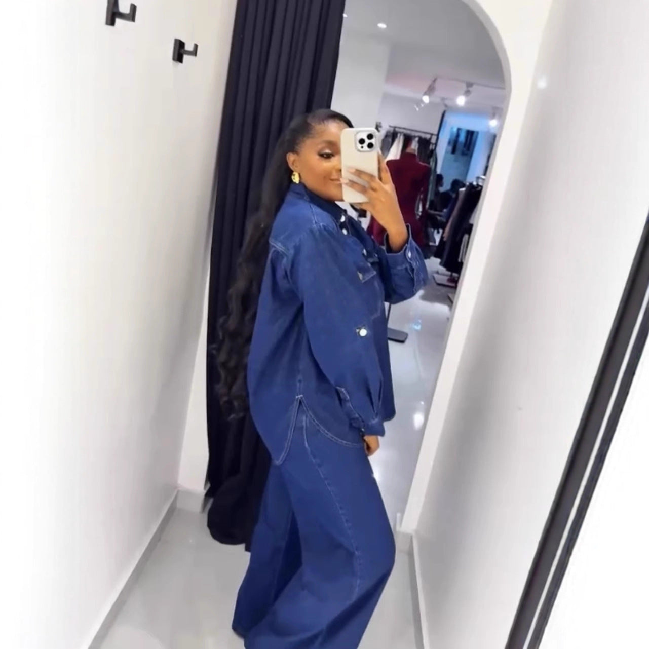 Vintage Denim Long Sleeve Shirt and Straight Leg Pants Two-Piece Set