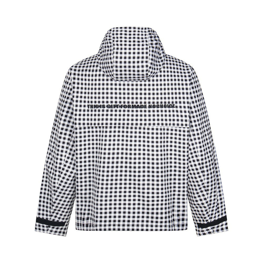 Back view of a black and white gingham hooded jacket with text on the back and black trim on the cuffs.