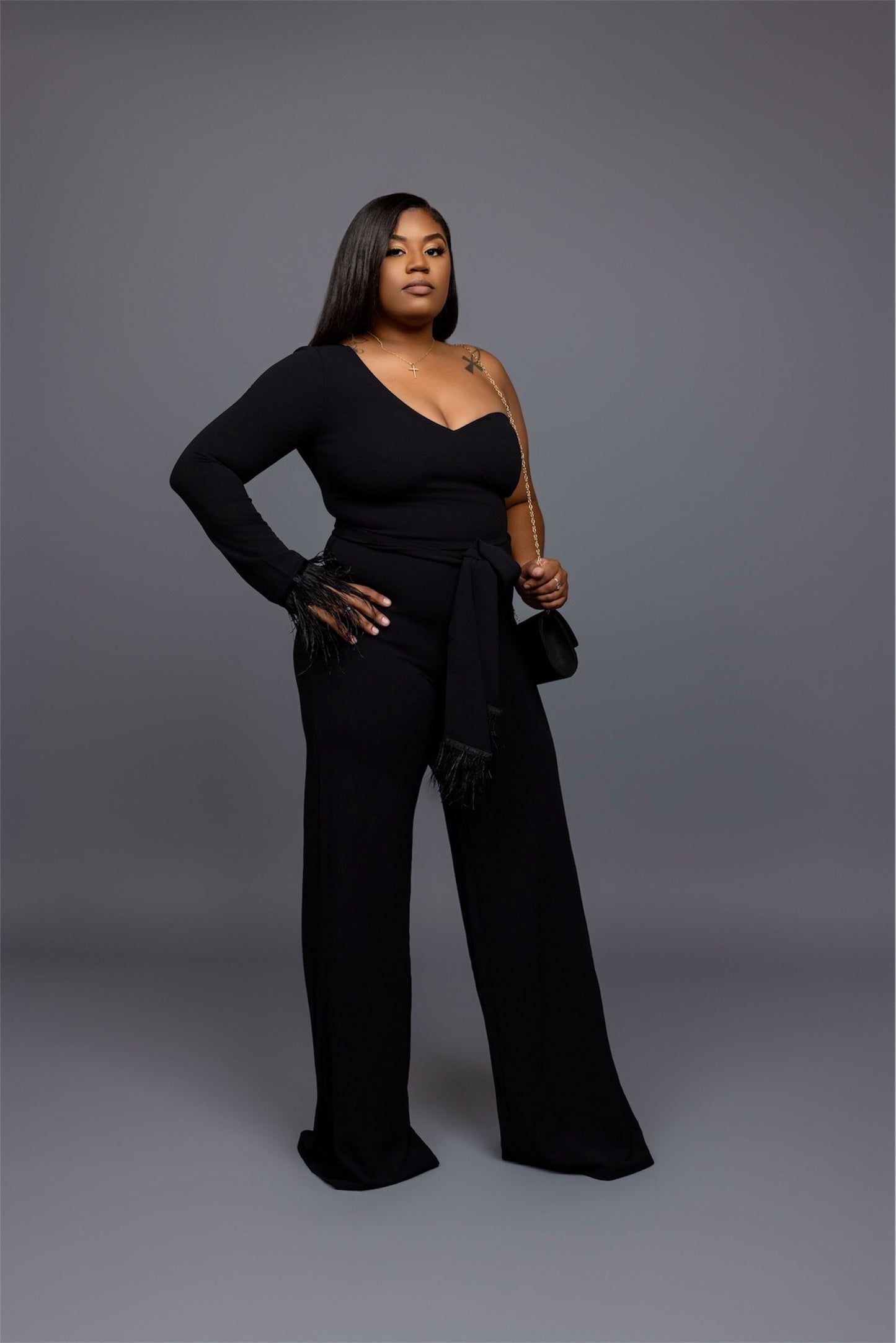One Shoulder Feather Jumpsuit The Bella Noire Store