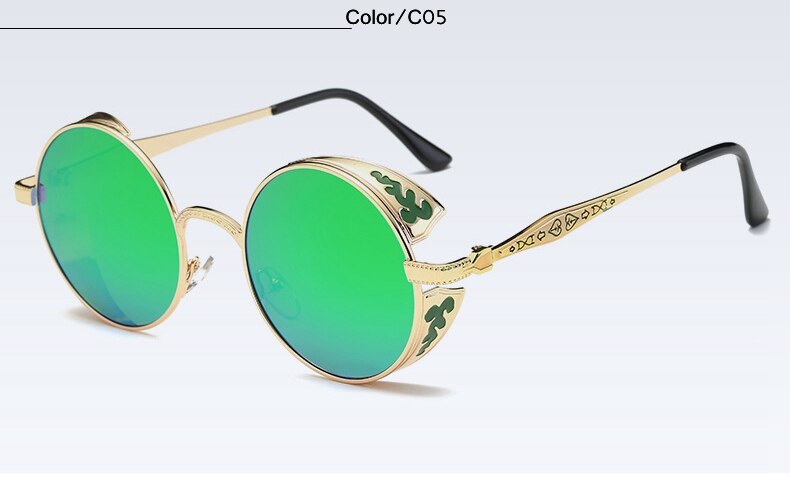Fashion polarized steampunk sunglasses by FitiqueFit with round metal frames and tinted lenses, stylish eye wear for bold fashion statements.