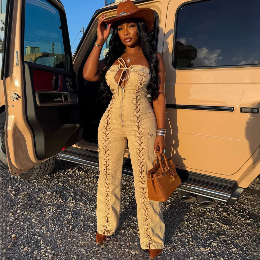 Eprolo women's strapless denim jumpsuit with side tie and distressed detailing, stylish one-piece pants for fashionable wear.
