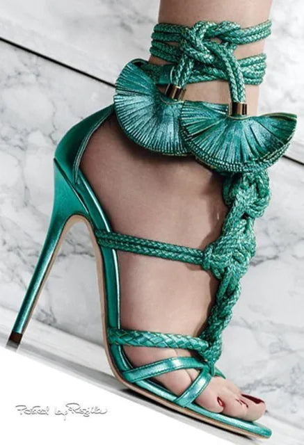 Eprolo braided stiletto lace-up heels featuring stylish design and high-heeled footwear for women.