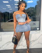 Women's Western Style Denim Dress Set Sexy Strapless Denim Top with Slit Mini Skirt