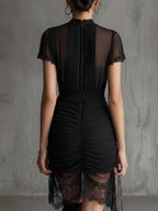 Black lace patchwork slit midi dress by FitiqueFit, slim-fit high-waist see-through dress for women, stylish and elegant.