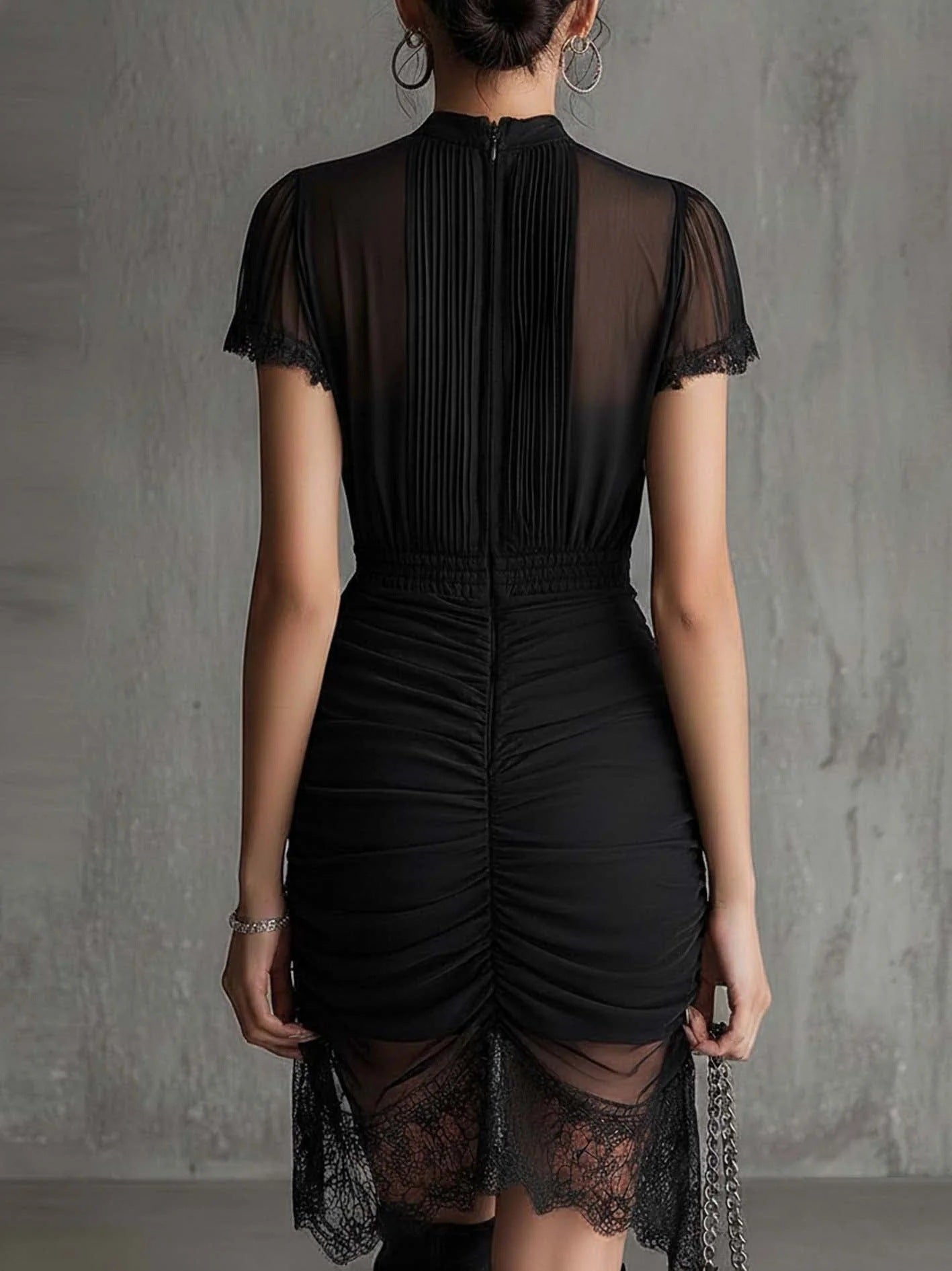 Black lace patchwork slit midi dress by FitiqueFit, slim-fit high-waist see-through dress for women, stylish and elegant.
