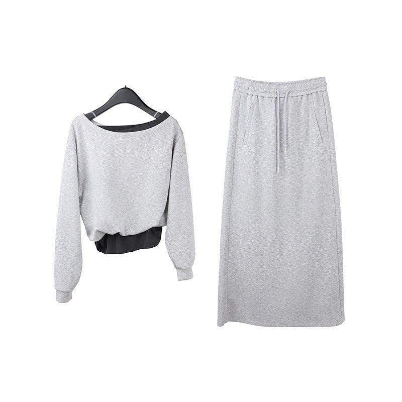 Asymmetrical shoulder hoodie and mini skirt co-ord set by Plush Fashion Hub, featuring a trendy two-piece outfit with stylish design.