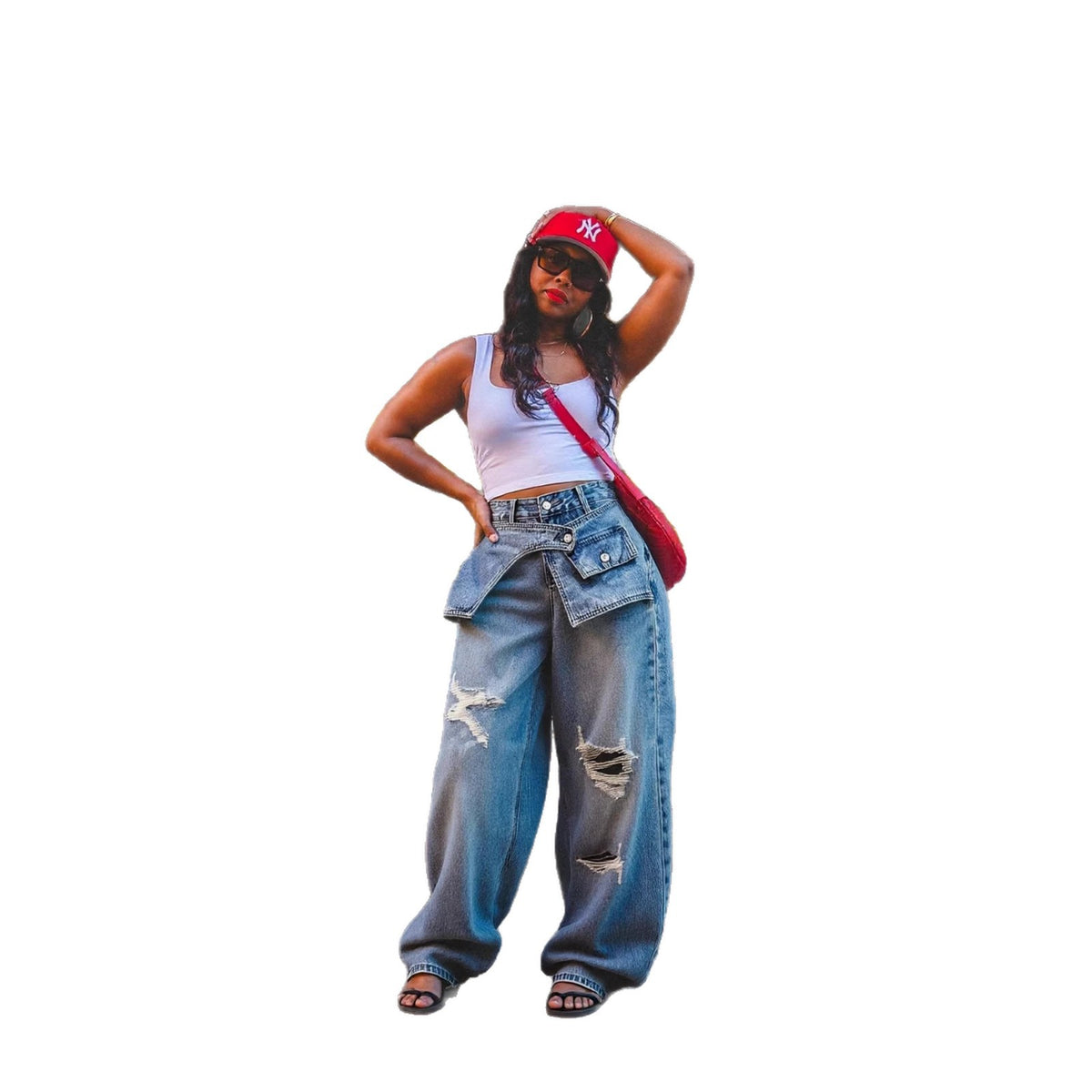 Plush Fashion Hub straight leg jeans with layered waistband and ripped details, casual denim pants for a trendy look.