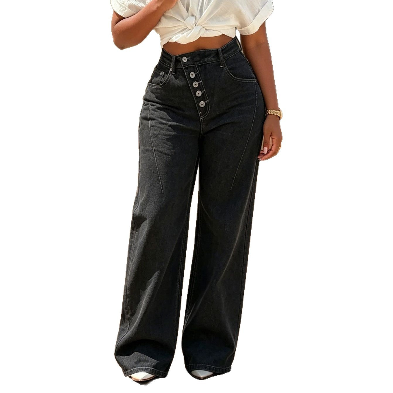 Women's Black Multi-Button Fly Straight Leg Denim Jeans