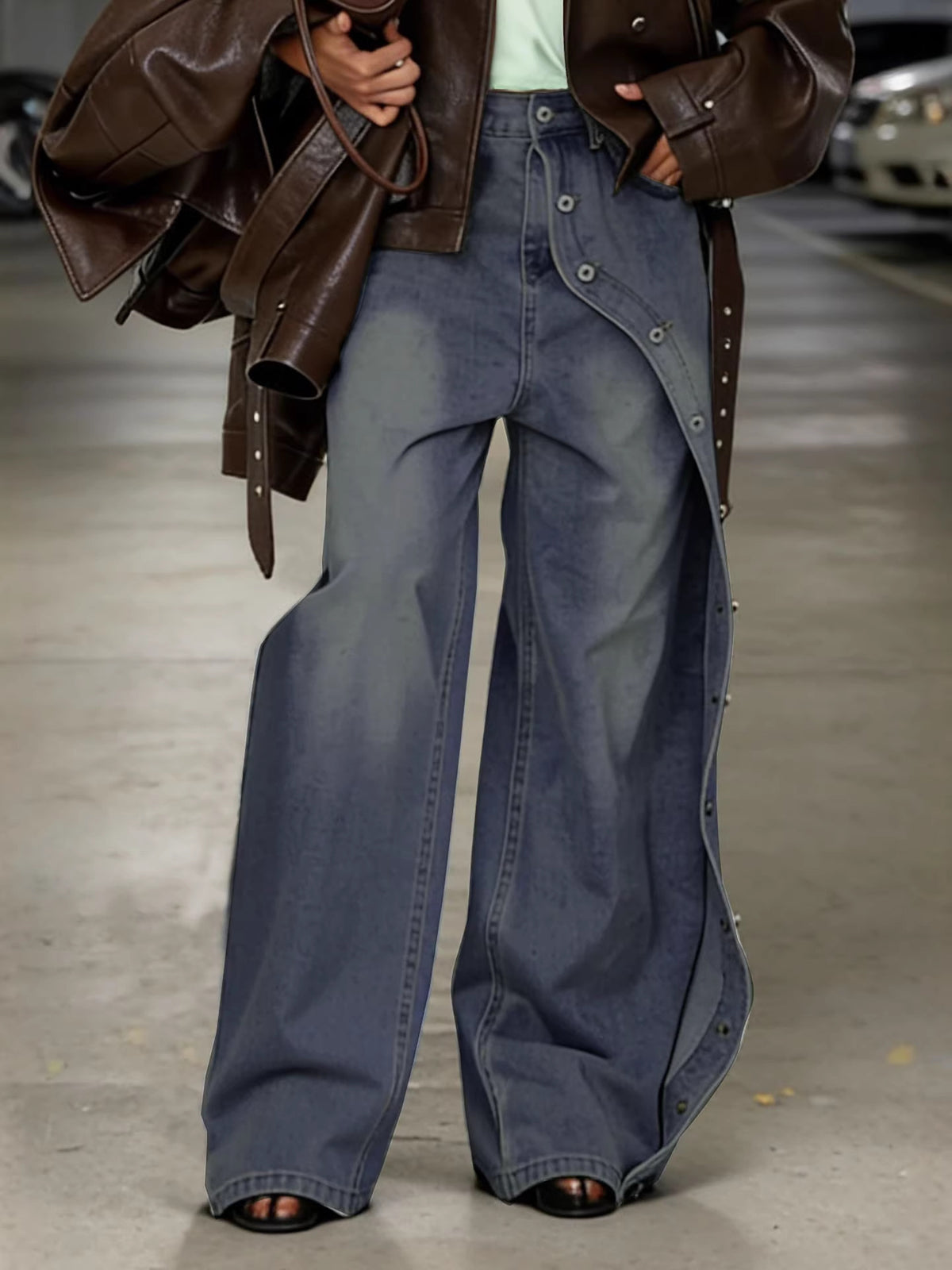 Washed denim multi-button straight leg jeans by Plush Fashion Hub, showing front view with button details and classic straight fit.