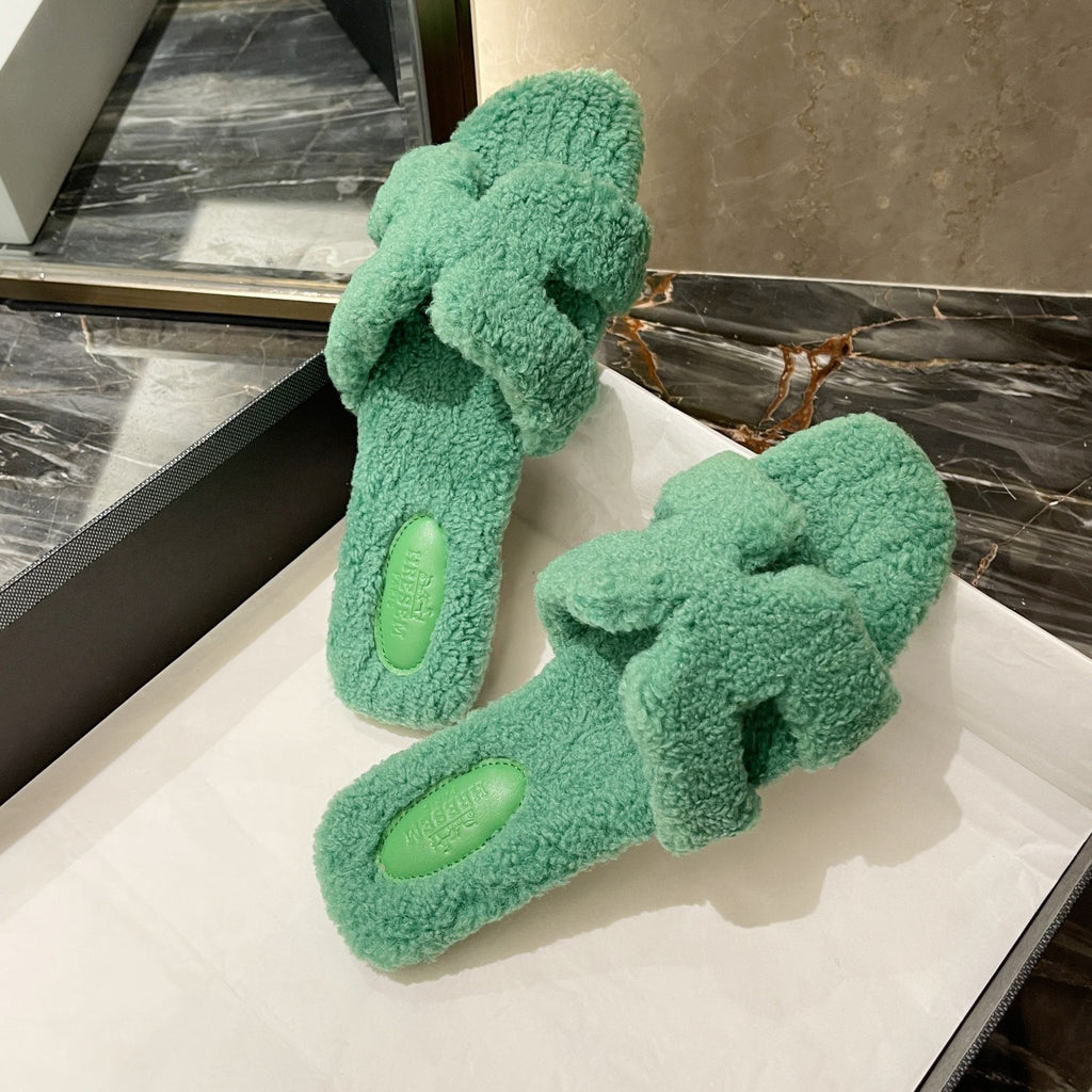 Rainbow Lamb Fur Suede Slide Sandals