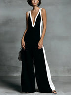 Women's color-block sleeveless V-neck wide-leg jumpsuit by Plush Fashion Hub featuring casual French style long pants.