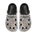 Black slip-on clogs fully encrusted with iridescent, multicolored rhinestones and larger crystal accents.