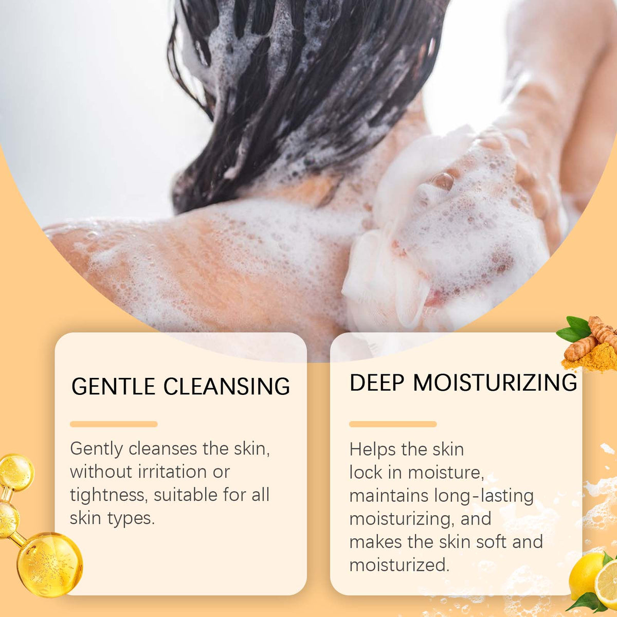 A person washes their back with a white mesh bath sponge in suds, above product benefits on a peach background.