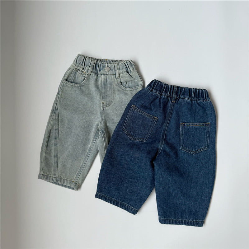 Two pairs of elastic-waist denim pants in light blue and dark blue, with front and back pockets.