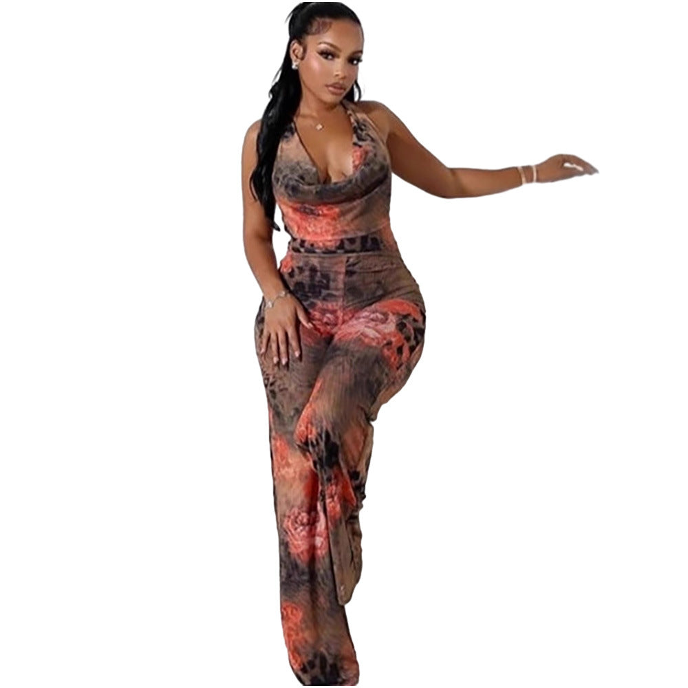 Leopard print floral placement halter bodysuit for women, featuring a stylish and fitted top design from Plush Fashion Hub.