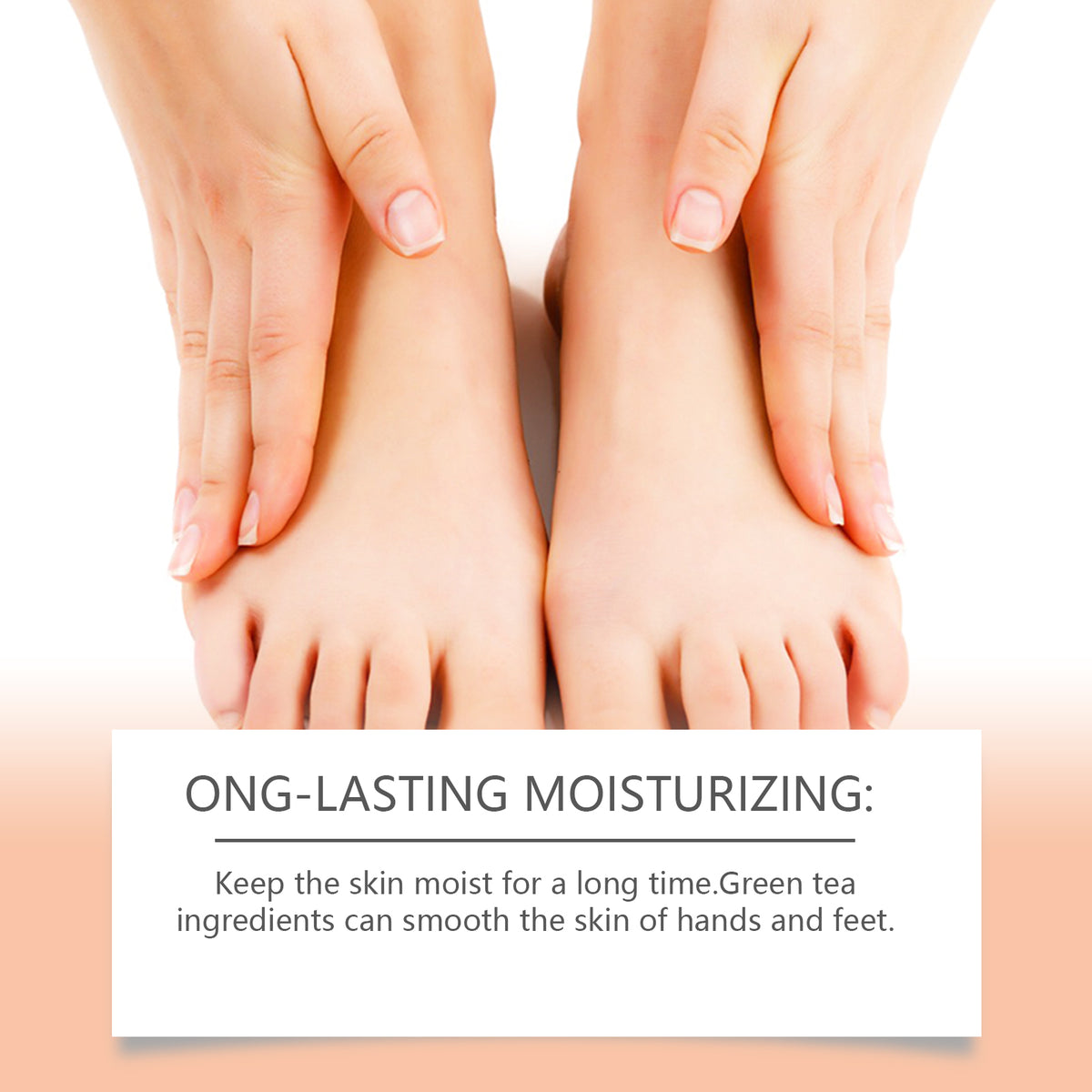 Hands massaging clean, bare feet on a white background with text about long-lasting moisturizing.