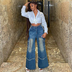 Straight-leg denim pants for women high-waisted wide-leg retro washed stylefashion casual jeans