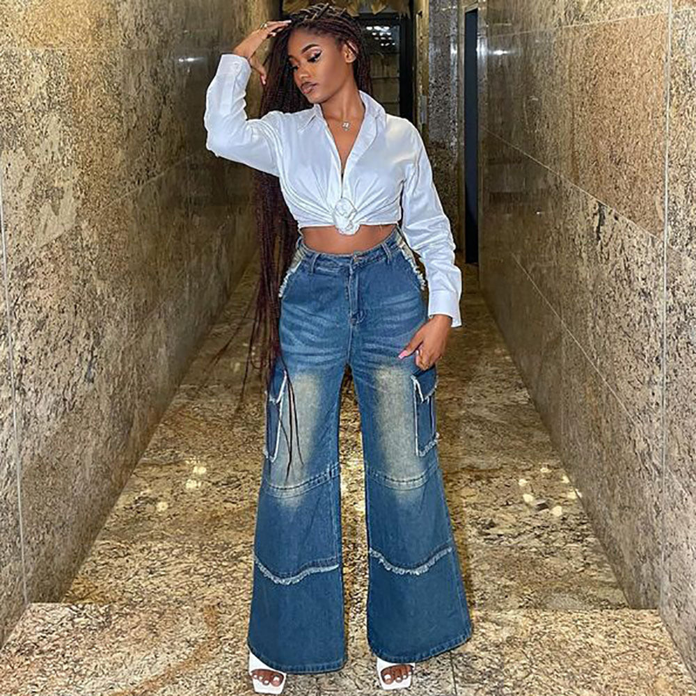 Women’s high-waisted straight-leg retro denim pants by Plush Fashion Hub, showing washed vintage-style denim fabric and classic fit.