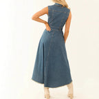 Women's sleeveless denim midi dress with irregular hem and button-front detail by FitiqueFit, shown on a model.