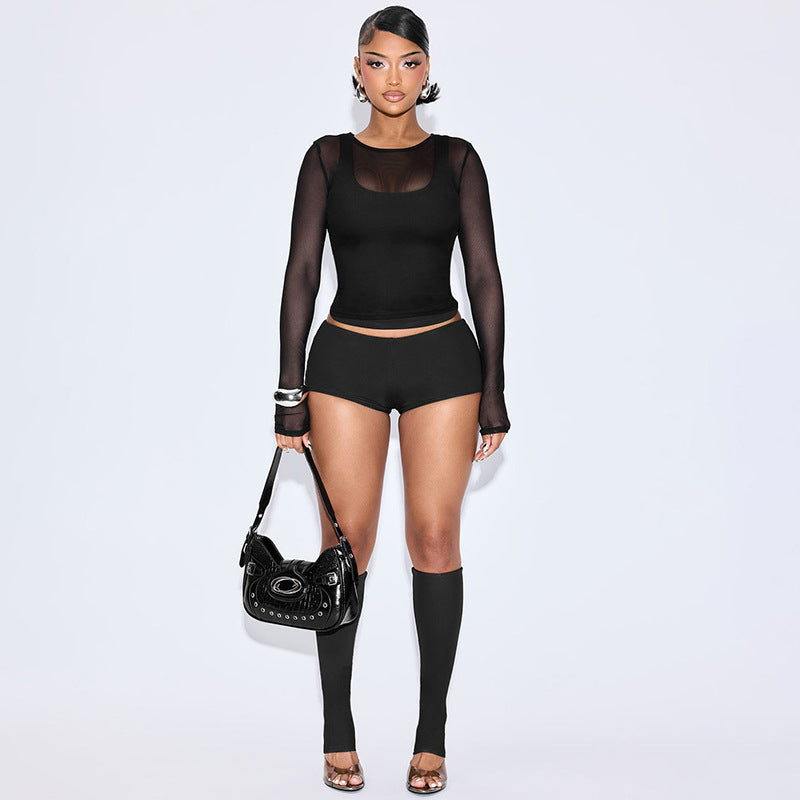 Solid Color Mesh 4-Piece Set Vest Long Sleeve Sheer Outfit Women's Set