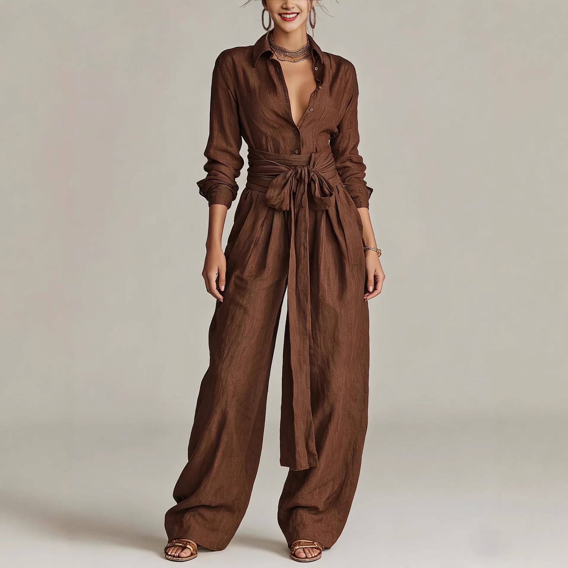 Solid color collar top high waisted pants two-piece set