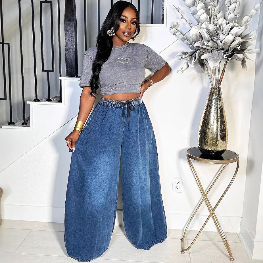 Eprolo relaxed fit wide-leg denim jeans showing classic blue denim fabric and casual, comfortable fit.