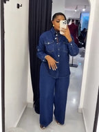 Vintage Denim Long Sleeve Shirt and Straight Leg Pants Two-Piece Set
