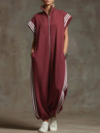 Fashionable Stripe Zipper Stand Collar Jumpsuit for Spring and Summer